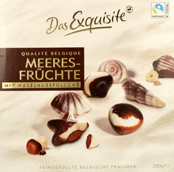 DAS EXQUISITE,belgijskie czekoladki w kształcie owoców morza z nadzieniem z orzechów laskowych,przód