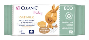 CLEANIC,biodegradowalne chusteczki nawilżane dla niemowląt i dzieci, z mleczkiem owsianym,przód