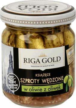 RIGA GOLD,książęce szproty wędzone w oliwie z oliwek,przód