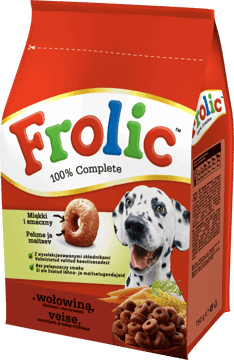 FROLIC,karma pełnoporcjowa sucha dla dorosłych psów z wołowiną, zbożami i warzywami,przód