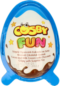 COSBY FUN,jajko z niespodzianką czekoladowe, z zabawką, niebieskie,przód