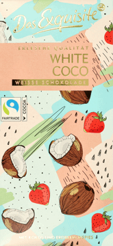 DAS EXQUISITE,czekolada biała z kokosem i chrupkami truskawkowymi,przód