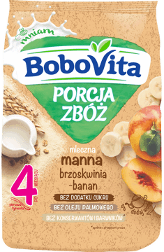 BOBOVITA,kaszka mleczna manna, brzoskwiniowo-bananowa po 4. m-cu,przód