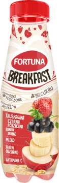 FORTUNA,jabłko, banan, truskawka, czarna porzeczka z płatkami owsianymi i mlekiem,przód