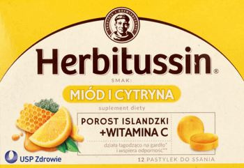 HERBITUSSIN,suplement diety w postaci pastylek do ssania o smaku miódu i cytryny,przód