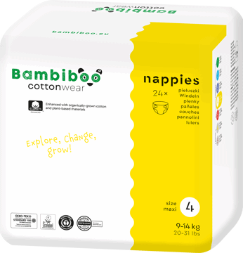 BAMBIBOO,pieluchy jednorazowe z bawełną organiczną, roz.4 maxi,przód
