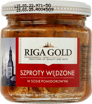 RIGA GOLD,szproty wędzone w sosie pomidorowym,przód