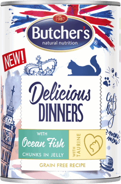 BUTCHER'S,karma pełnoporcjowa mokra dla dorosłych kotów w galaretce, z kurczakiem i rybą oceaniczną,przód