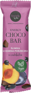 FOODS BY ANN,baton owocowo-orzechowy Śliwka & Czarna Porzeczka w czekoladzie,przód