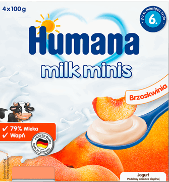 HUMANA,deserek jogurtowy o smaku brzoskwini po 6. m-cu,przód