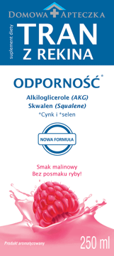 DOMOWA APTECZKA,tran z rekina grenlandzkiego na odporność, smakowita malina, suplement diety,przód