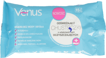 VENUS,chusteczki nawilżane odświeżające, o właściwościach oczyszczających,przód
