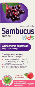 SAMBUCUS,standaryzowane ekstrakty z owoców bzu czarnego o smaku malinowym,przód