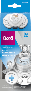 LOVI,zestaw nie zaburzający odruchu ssania butelka 150 ml + smoczek dynamiczny, uspokajający,przód