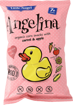 LITTLE ANGEL ANGELINA,chrupki kukurydziane Marchewka i jabłko, Bio, 7+,przód